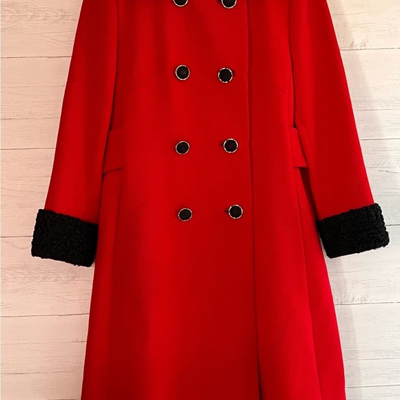 RARE!! VTG 1960s Red Wool Princess Coat S-M Double Breasted Persian Lamb Trim - Picture 14 of 16